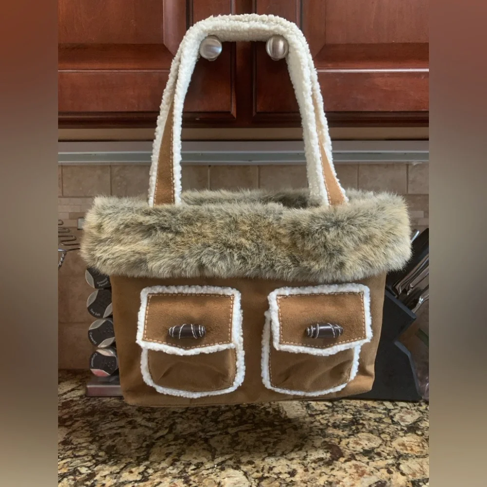Vintage Bath & Body Works Brown Suede and Fleece Shoulderbag